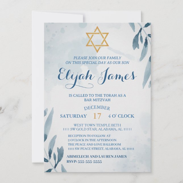 Invitation Bar Mitzvah étoile de David bleu or élégant modern (Devant)