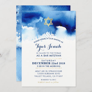 Invitation BAR MITZVAH étoile d'or stylisée couleur bleue d'e