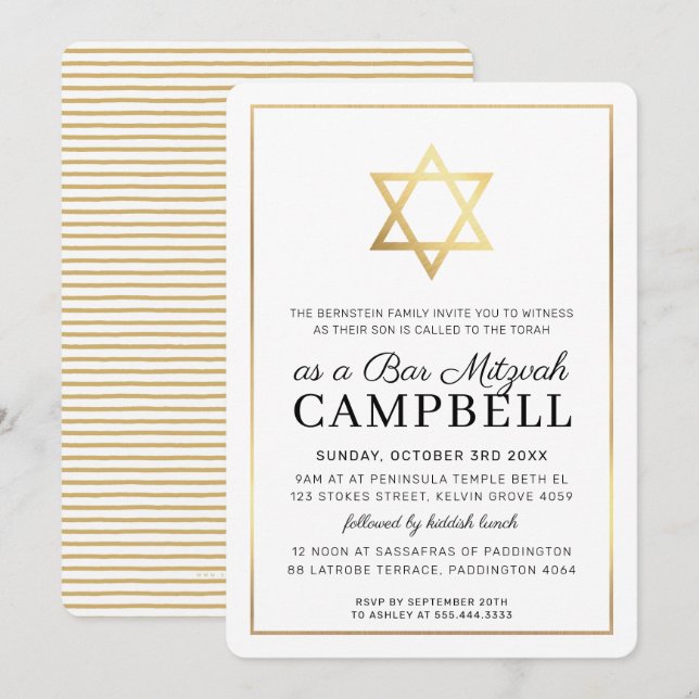 Invitation BAR MITZVAH étoile d'or traditionnel moderne noir (Devant / Derrière)