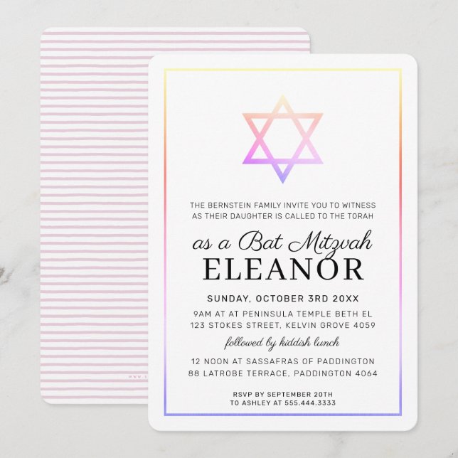 Invitation BAR MITZVAH étoile juive moderne arc-en-ciel (Devant / Derrière)