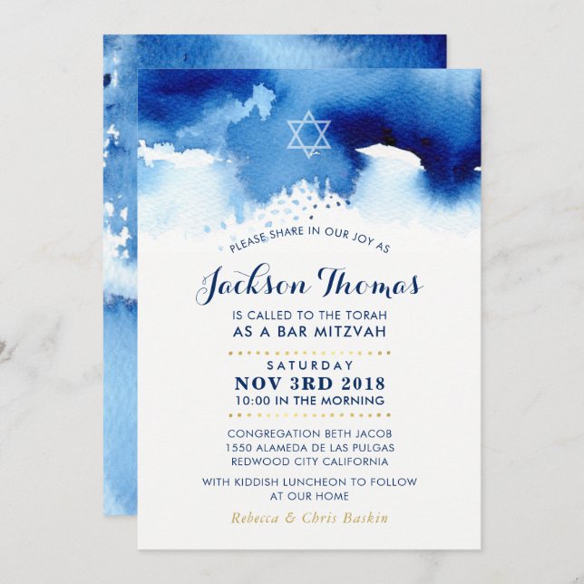 Invitation BAR MITZVAH étoile moderne bleu aquarelle invitati (Devant / Derrière)