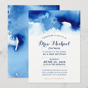 Invitation BAR MITZVAH étoile moderne bleu aquarelle invitati