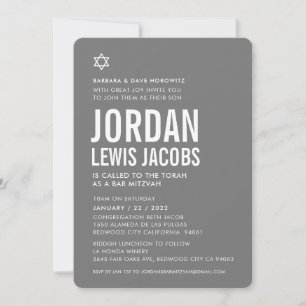 Invitation BAR MITZVAH étoile moderne garçon gris blanc simpl