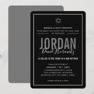 Invitation BAR MITZVAH étoile moderne garçon noir blanc simpl