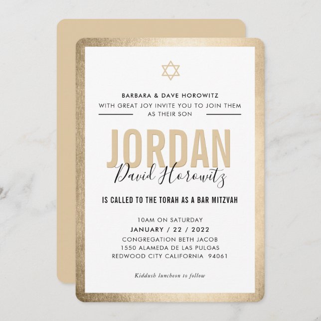 Invitation BAR MITZVAH étoile moderne garçon or noir simple (Devant / Derrière)
