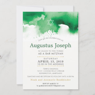 Invitation BAR MITZVAH étoile moderne kelly vert aquarelle GU