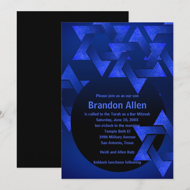 Invitation Bar Mitzvah Étoile noire et bleue de David (Devant / Derrière)