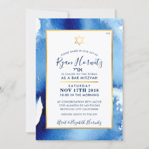 Invitation BAR MITZVAH étoile or bleu aquarelle PHOTO RYAN
