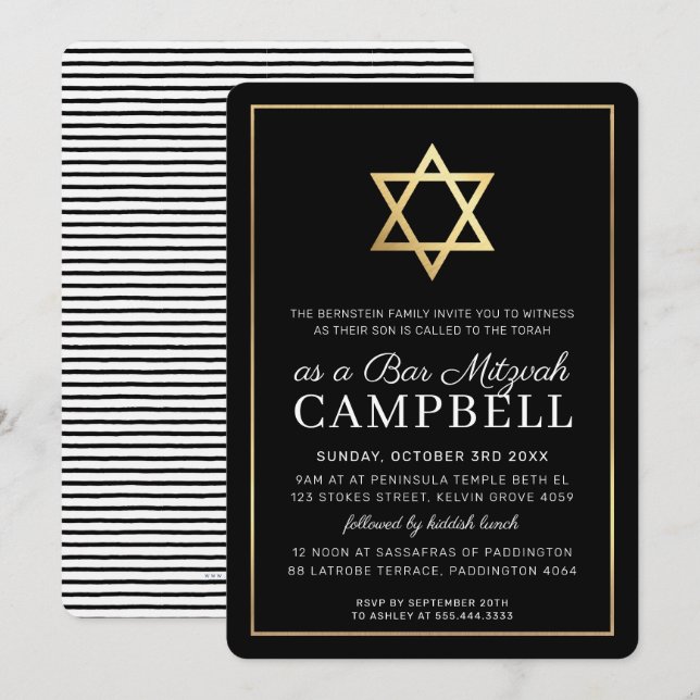 Invitation BAR MITZVAH étoile or simple moderne noir blanc (Devant / Derrière)