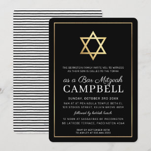 Invitation BAR MITZVAH étoile or simple moderne noir blanc