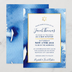 Invitation BAR MITZVAH étoile or smart bleu aquarelle invitat