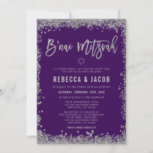 Invitation Bar Mitzvah Faux Pailleté Argent Violet