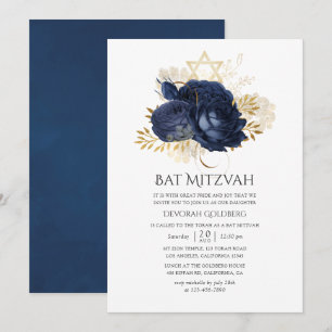 Invitation Bar Mitzvah Fleurs Roses Vintage Bleu Marine et Or
