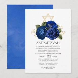 Invitation Bar Mitzvah Floral Bleu Royal et Or