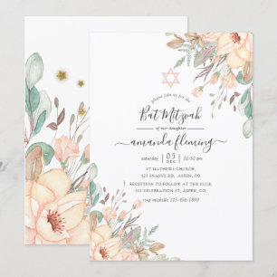 Invitation Bar Mitzvah Floral Rose Pâle