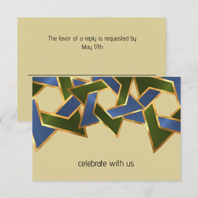 Invitation Bar Mitzvah Gold Blue Green Star de David (Devant / Derrière)