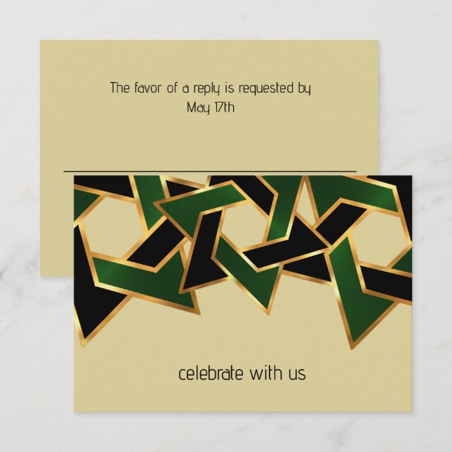 Invitation Bar Mitzvah Gold Green Black Star de David RSVP (Devant / Derrière)