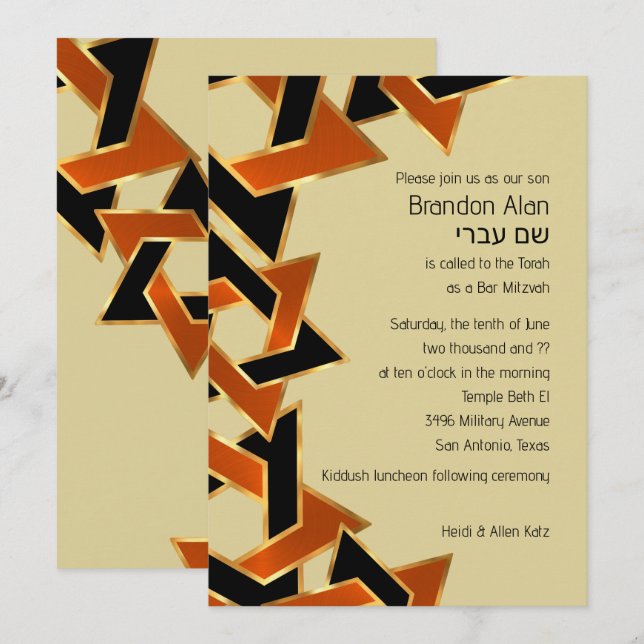 Invitation Bar Mitzvah Gold Orange Black Star de David (Devant / Derrière)