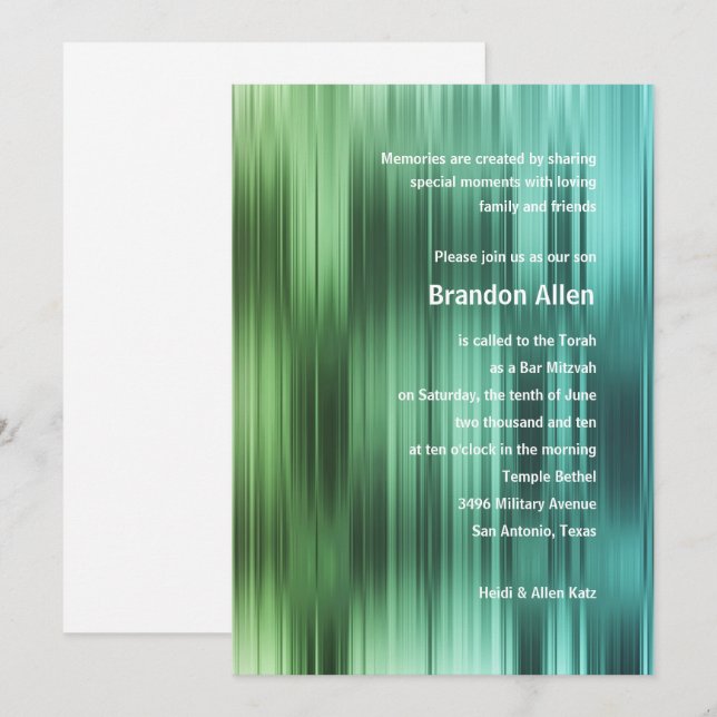 Invitation Bar Mitzvah Green Blue Stripes (Devant / Derrière)