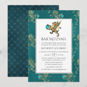 Invitation Bar Mitzvah héraldique sarcelle et or