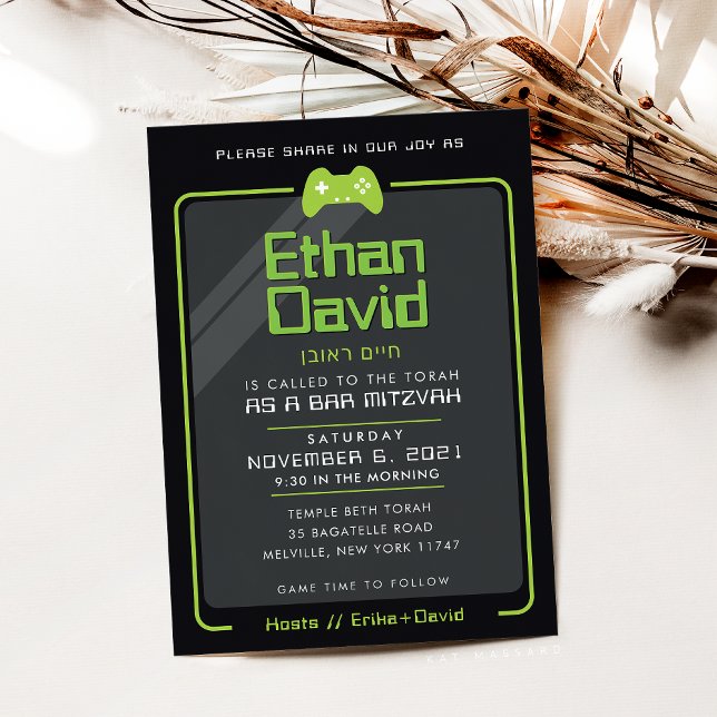 Invitation BAR MITZVAH jeux modernes contrôle la chaux noire (Créateur téléchargé)