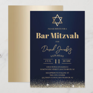 Invitation Bar Mitzvah juif moderne bleu marine et or