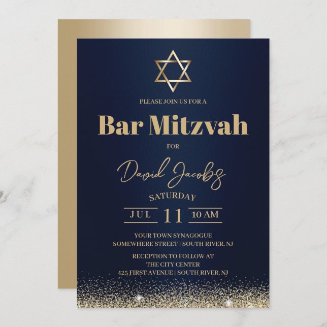 Invitation Bar Mitzvah juif Moderne Bleu Marine & Or (Devant / Derrière)