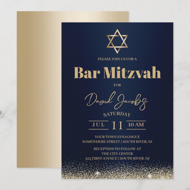 Invitation Bar Mitzvah juive bleu marine moderne et or (Devant / Derrière)