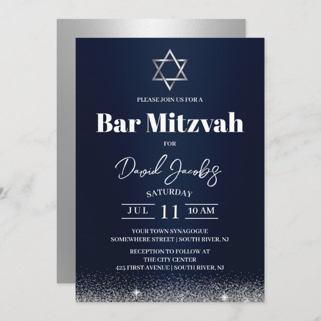 Invitation Bar Mitzvah juive Étoile de David Moderne Bleu mar (Devant / Derrière)