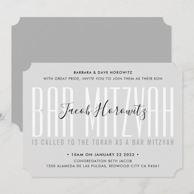 Invitation BAR MITZVAH maquette moderne typographie garçon gr (Devant / Derrière)