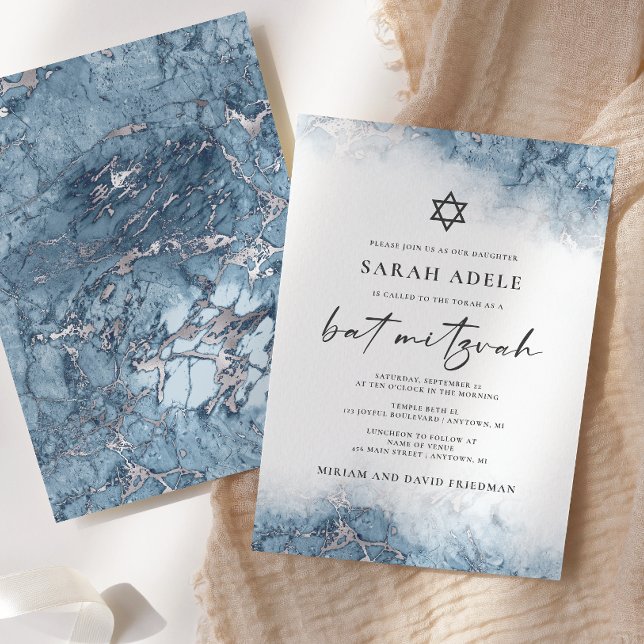 Invitation Bar Mitzvah Marbre Argent Bleu (Créateur téléchargé)