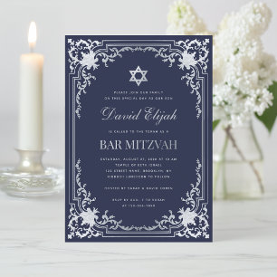 Invitation Bar Mitzvah Marine Bleu Faux Argent Élégant Vintag