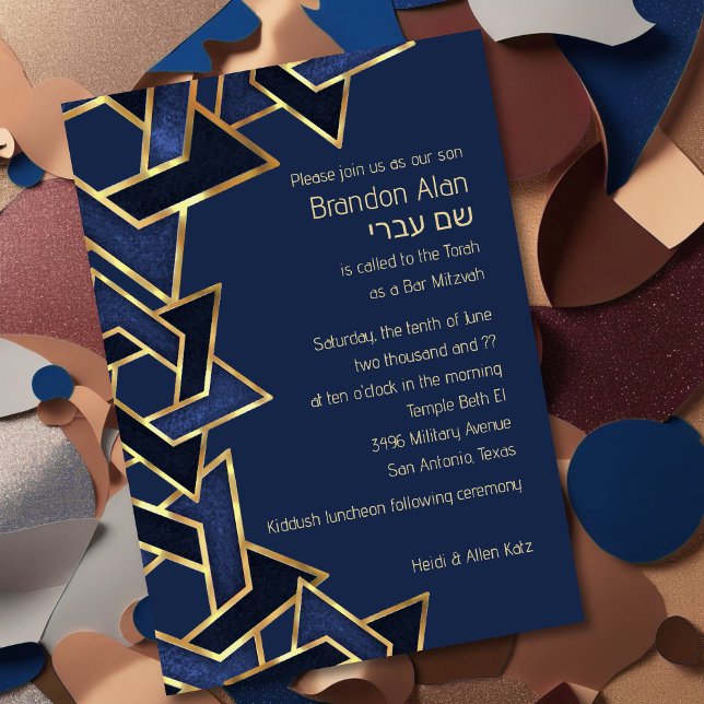 Invitation Bar Mitzvah Marine Blue Gold Star de David (Créateur téléchargé)