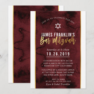 Invitation BAR MITZVAH marron rouge aquarelle or script