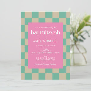 Invitation Bar Mitzvah Mod Rose Vert Menthe Damier 