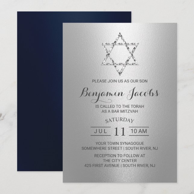 Invitation Bar Mitzvah Moderne Argent & Etoile bleue de David (Devant / Derrière)