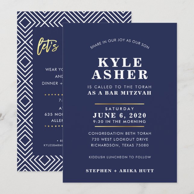 Invitation Bar Mitzvah moderne bleu marine bleu clair (Devant / Derrière)
