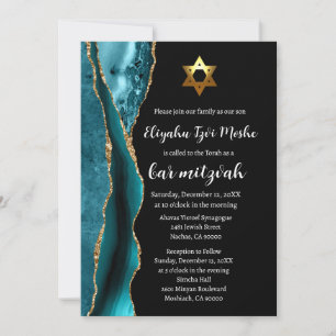 Invitation Bar Mitzvah Moderne Bleu Sarcelle Noir et Or