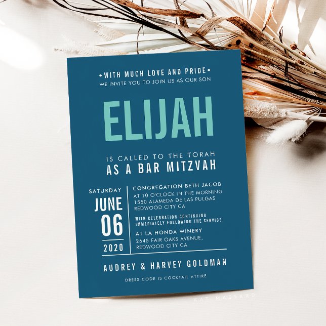 Invitation BAR MITZVAH moderne bloc gras foncé menthe bleue (Créateur téléchargé)