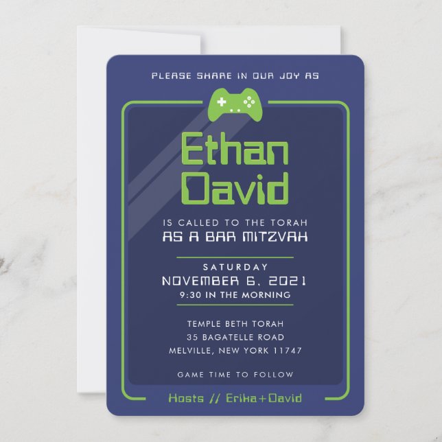 Invitation BAR MITZVAH moderne contrôle joueur neon marine ve (Devant)