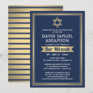 Invitation Bar Mitzvah Moderne Élégant Bleu Nuit Blanc & Or