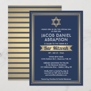 Invitation Bar Mitzvah Moderne Elegant Marine Bleu Blanc & Or
