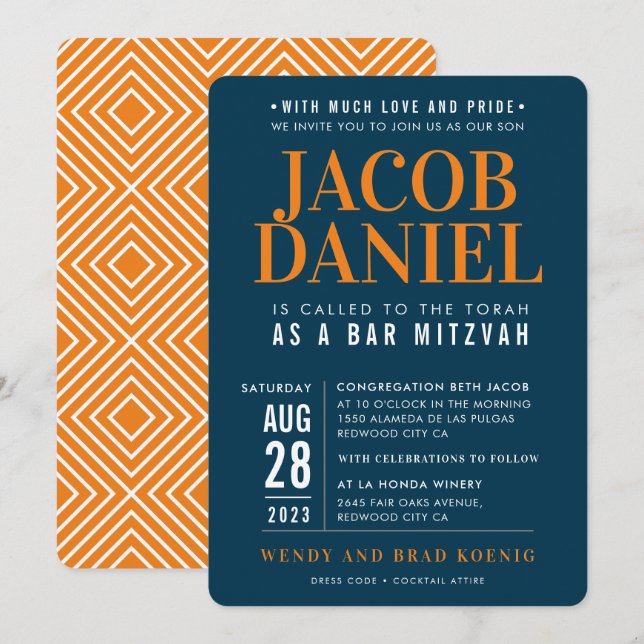 Invitation BAR MITZVAH moderne empilement géométrique bleu or (Devant / Derrière)