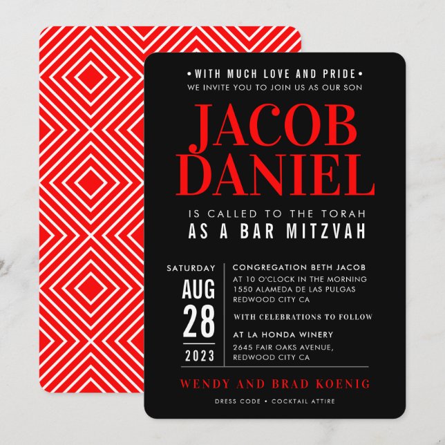 Invitation BAR MITZVAH moderne empilement géométrique noir ro (Devant / Derrière)