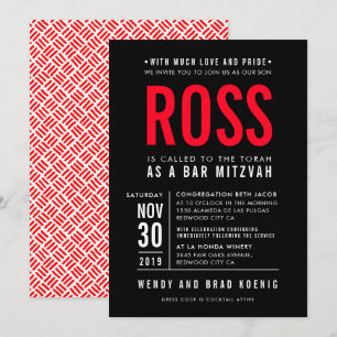 Invitation BAR MITZVAH moderne en bloc type noir rouge
