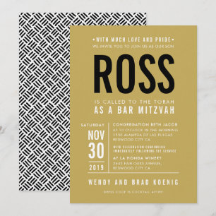Invitation BAR MITZVAH moderne en bloc type plat or noir