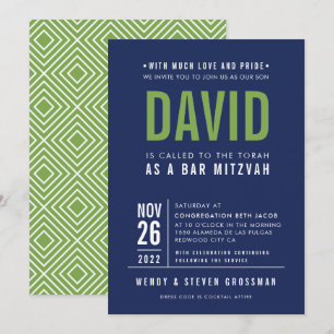 Invitation BAR MITZVAH moderne en gras type bloc bleu marine