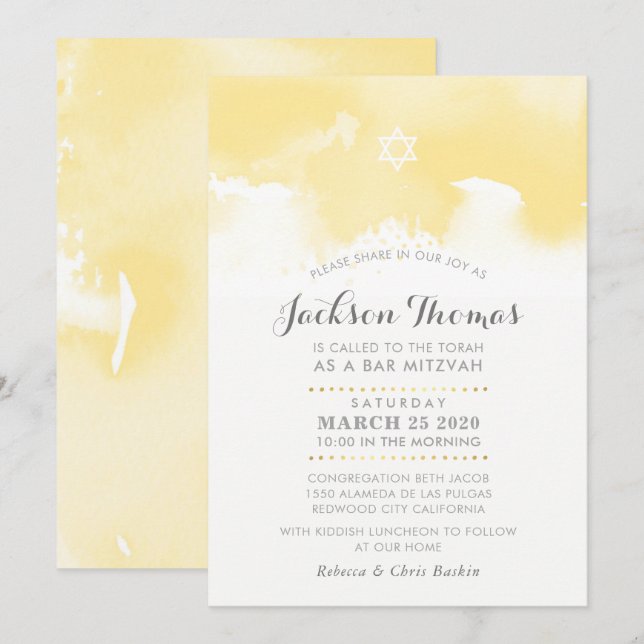 Invitation BAR MITZVAH moderne jaune pâle gris aquarelle (Devant / Derrière)