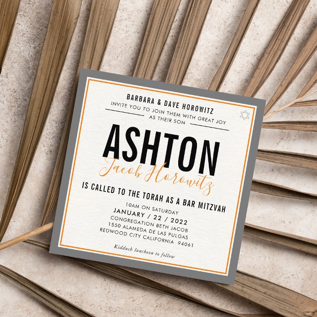 Invitation BAR MITZVAH moderne masculine orange gris sport (Créateur téléchargé)