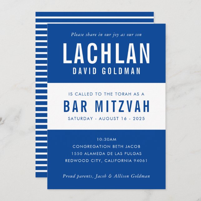 Invitation BAR MITZVAH moderne minima typographie bleu blanc (Devant / Derrière)